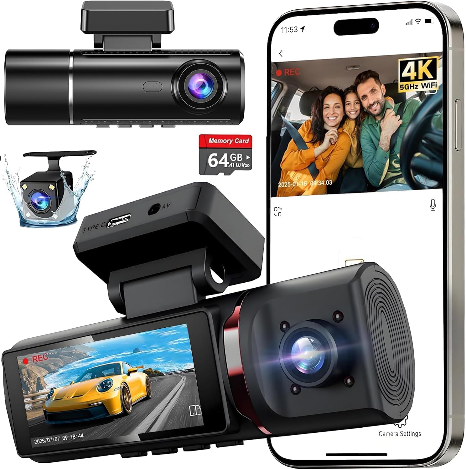 3 Channel 4K Dash Cam Front, 1080P Dash Camera Rear and Inside fo