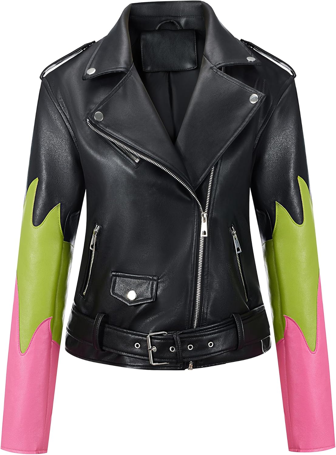 Bellivera Faux Leather Jacket for Women Floral Moto Biker Lapel C