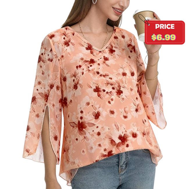 Chiffon Floral V Neck Tunic Tops Sale: Save 65%