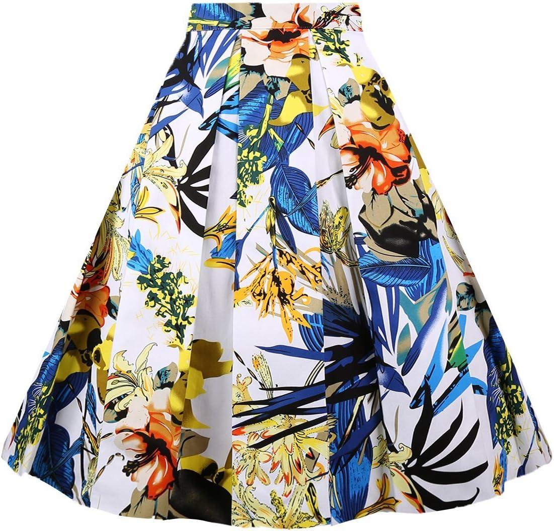 Girstunm Women's Pleated Vintage Skirt Floral Print A-line M deal at Amazon