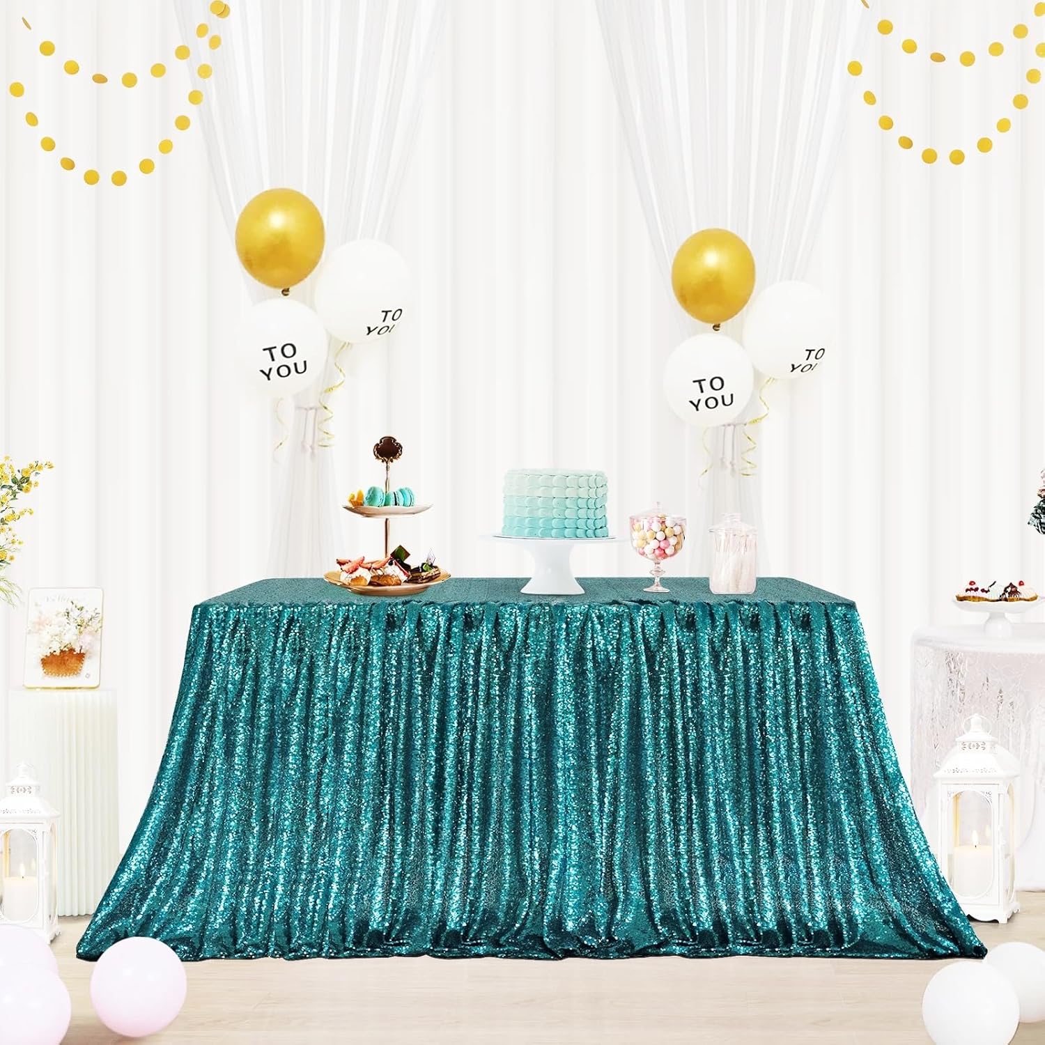 Eternal Beauty Teal Sequin Tablecloth 72 x 108-Inch Sparkly Overl