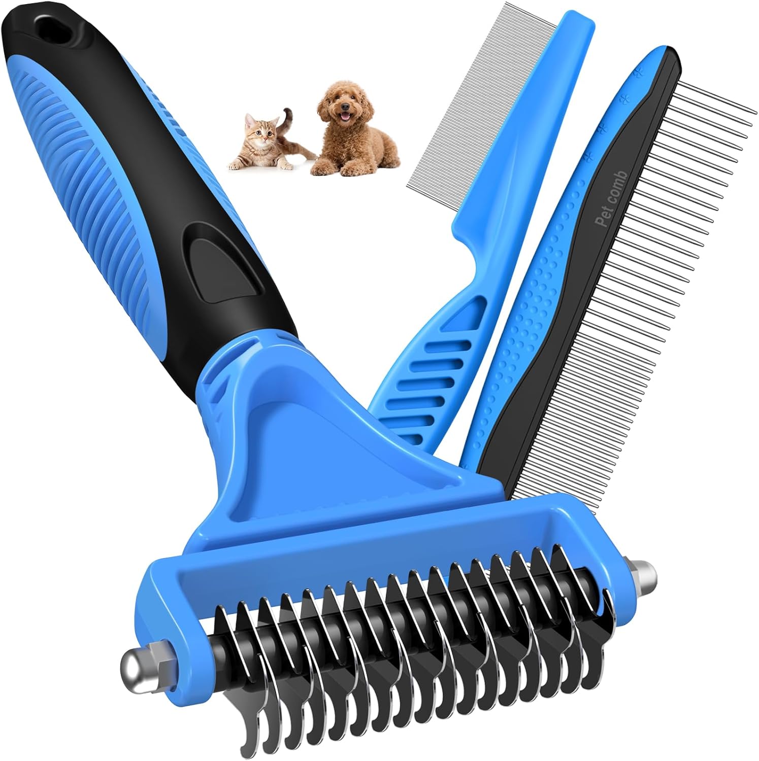 3PCS Pet Grooming Rake & Metal Comb & Flea Comb for Cats and Dogs