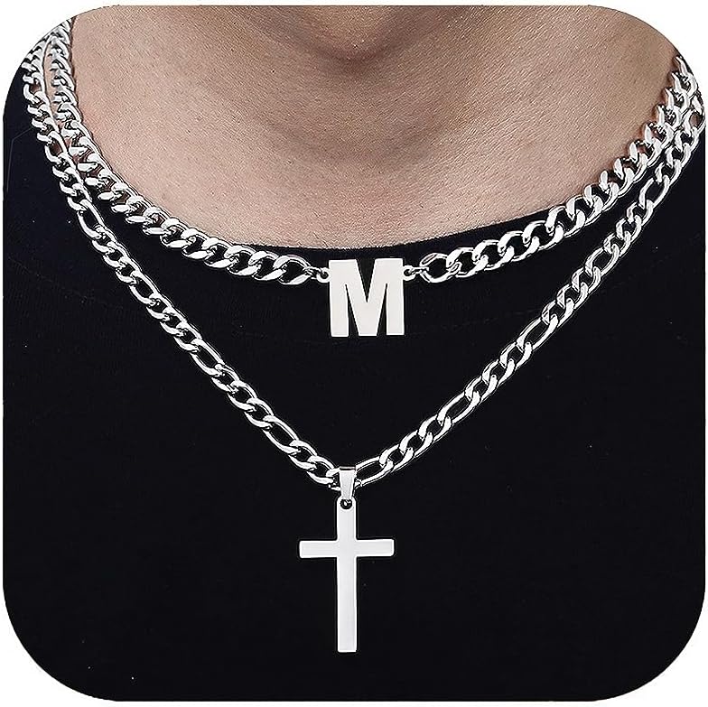 ZNBOH Cross Initial Necklace for Men Stainless Steel Silver Layer