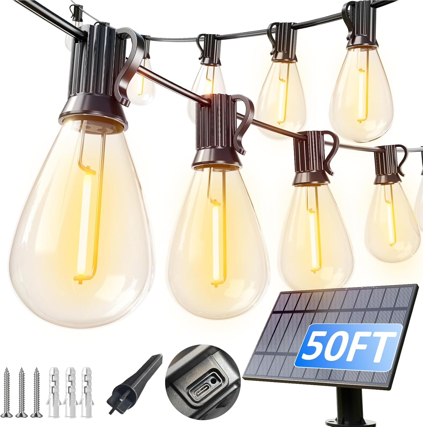 luckystyle 50FT Solar String Lights Outdoor Waterproof with 18+1
