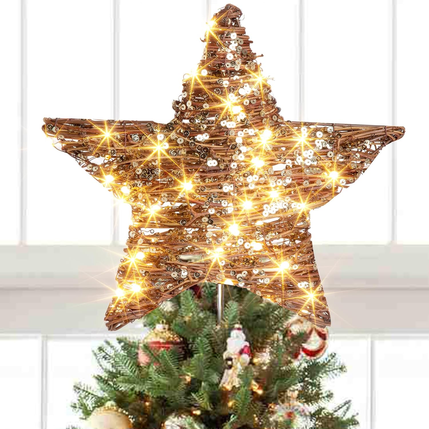 EAMBRITE 13.37” 40 LED Christmas Rattan Tree Topper, Indoor Rusti