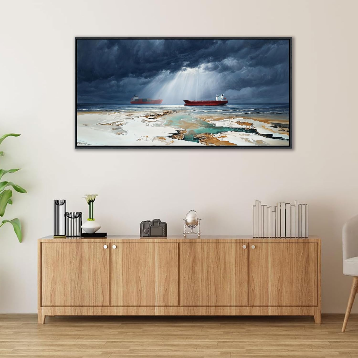 YCPRIMER Storm Coast Wall Art – Beach Canvas Painting Red Ship Wa
