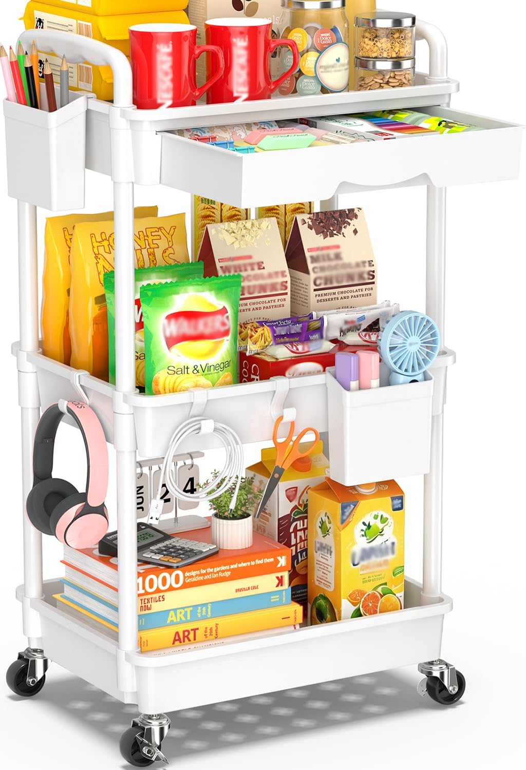 SUNALLY 3 Tier Rolling Cart with Drawer, Bathroom Storage Organiz