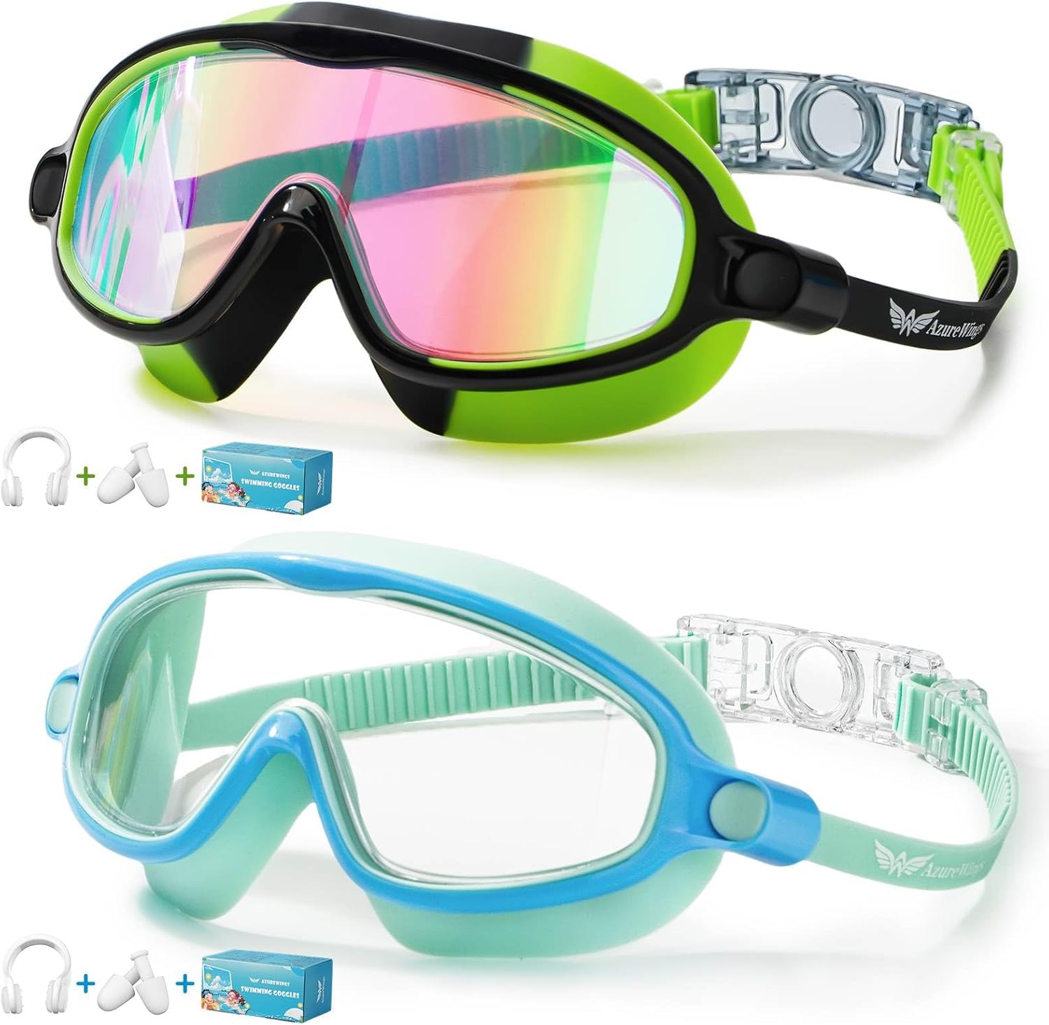 AzureWings 2 Pack Swim Goggles for Kids, No Leak Anti-Fog Anti-UV