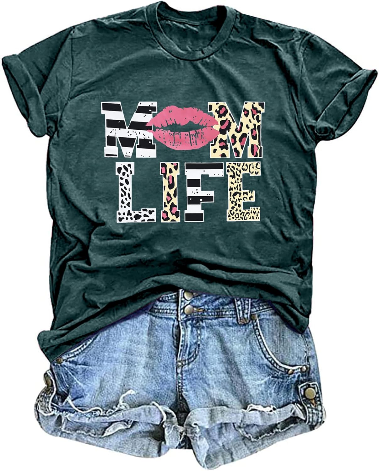 Women Mom Life T-Shirts Leopard Lips Stripe Graphic Shirts F deal at Amazon