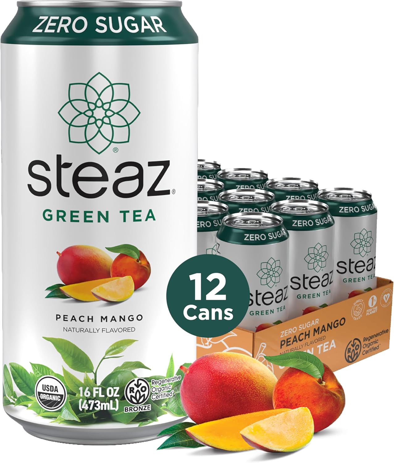 Steaz – Zero Sugar Organic Green Tea – Peach Mango (12 Pack) 30mg