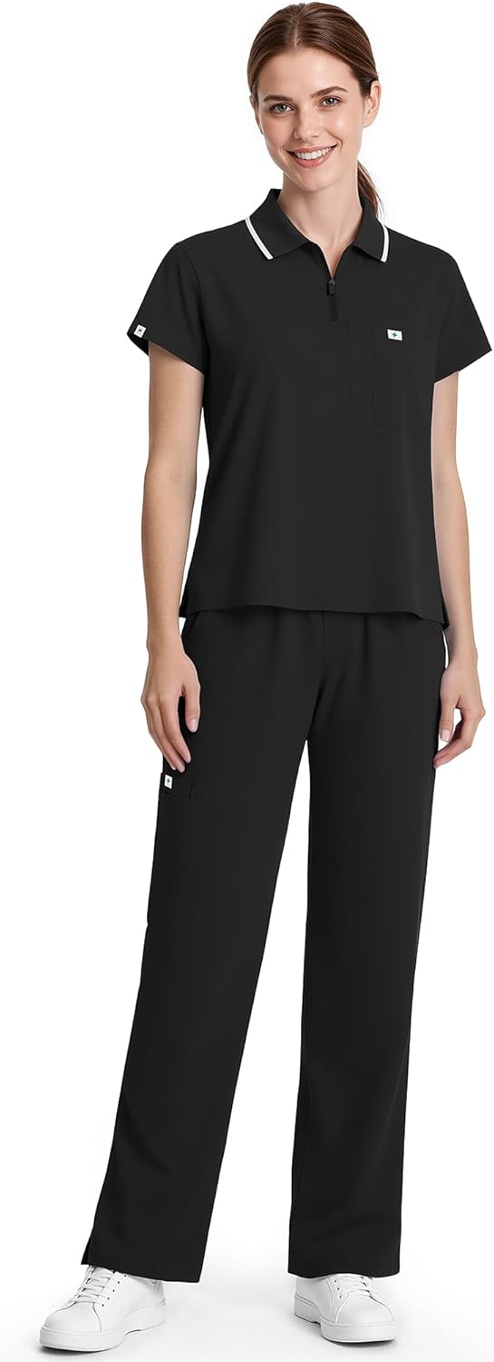 Reinwaete Nurse Scrubs for Women Set, Zipper Polo Cropped Wo deal at Amazon