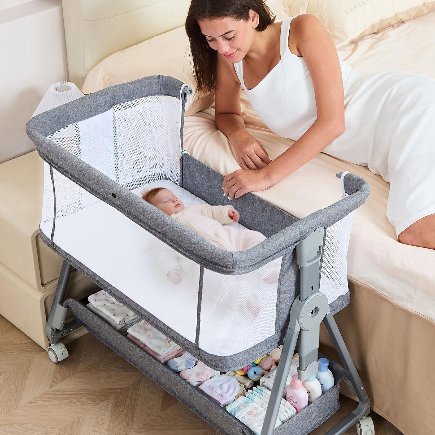 Grobeybees 3-in-1 Bedside Bassinet for Baby, Height Adjustab deal at Amazon