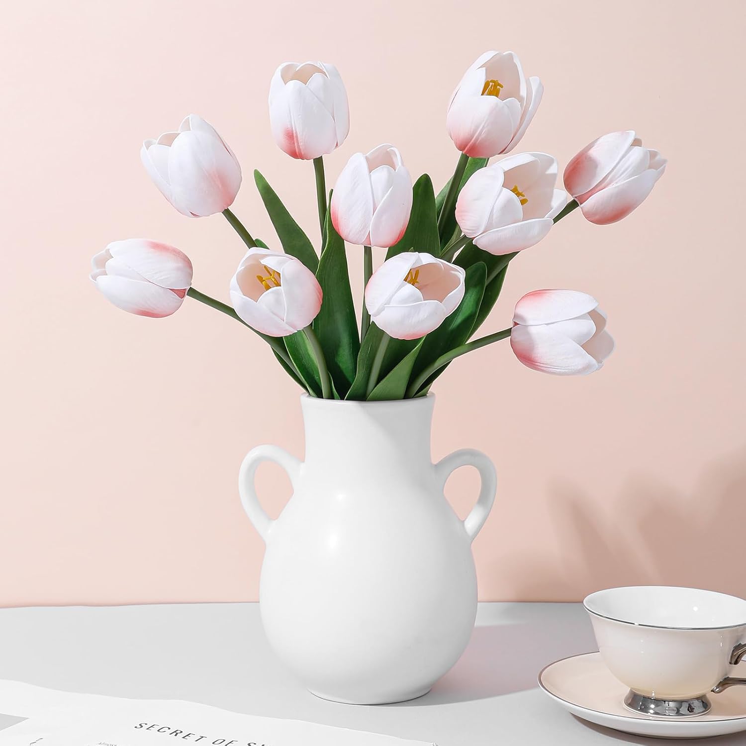 LILUYTO Blush Pink Fake Tulips,18.5″ PU Artificial Tulips Flowers
