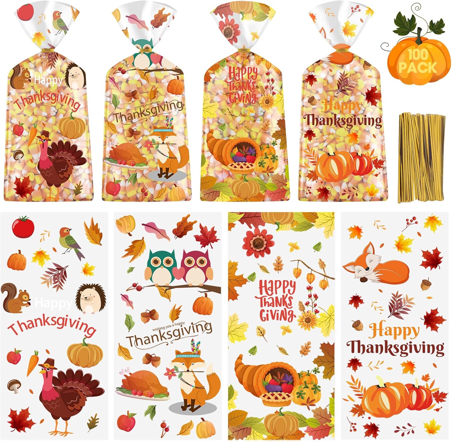 Litmitfu 100 Pcs Happy Thanksgiving Treat Bags - Plastic Fal deal at Amazon
