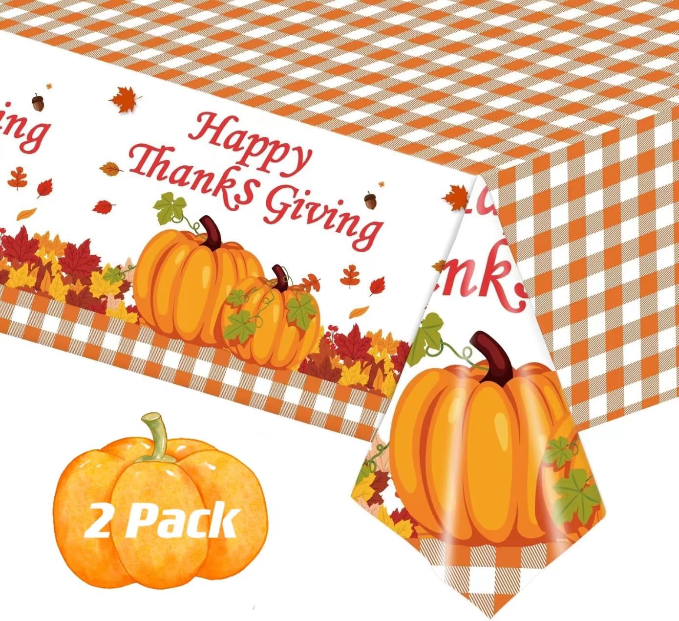 2 Pack Happy Thanksgiving Tablecloth, Fall Pumpkin Maple Leaves P