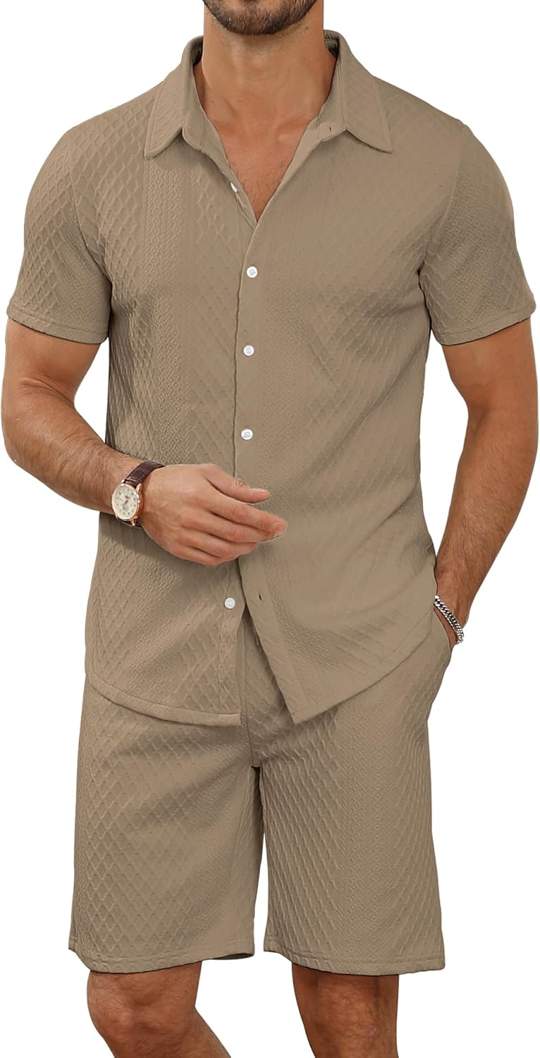 MLANM Men's 2 Piece Outfit Summer Short Sleeve Button Down S deal at Amazon