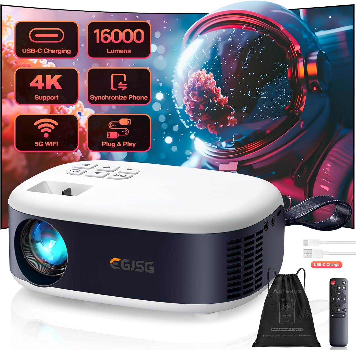Mini Projector with WiFi and Bluetooth, 1080P/4K Supported Movie