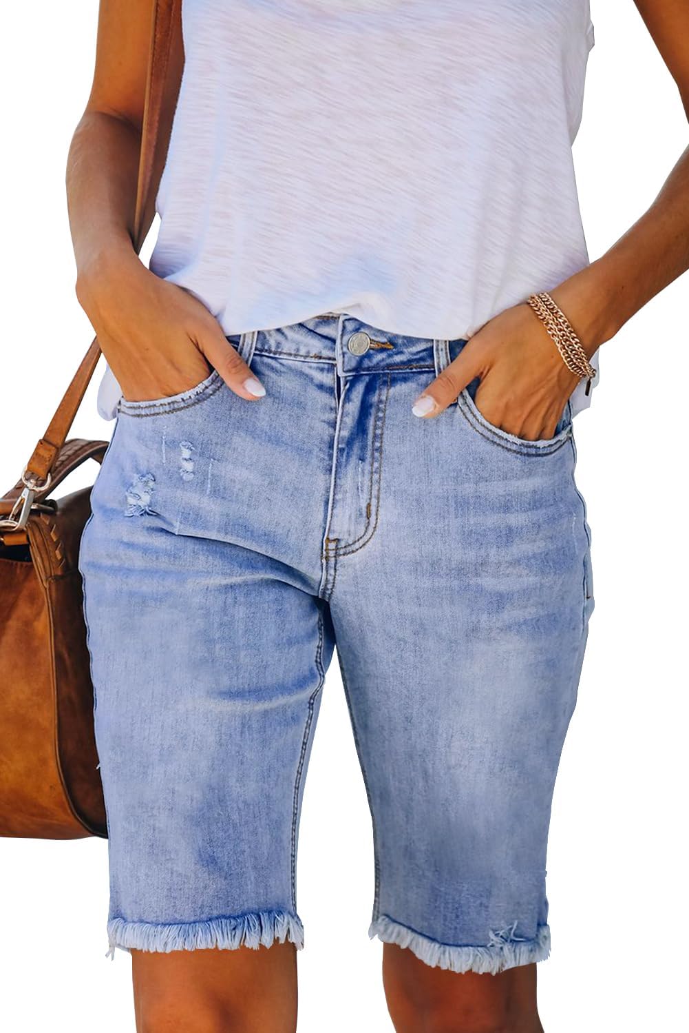 Necooer Women’s Stretchy Bermuda Plus Size Denim Shorts Casual Fr