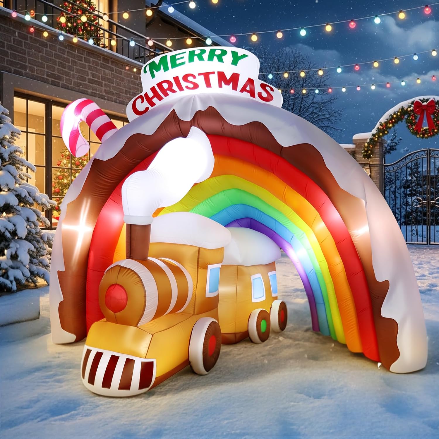 9.1 Ft Christmas Train Inflatable with Rainbow Tunnel and Built-i