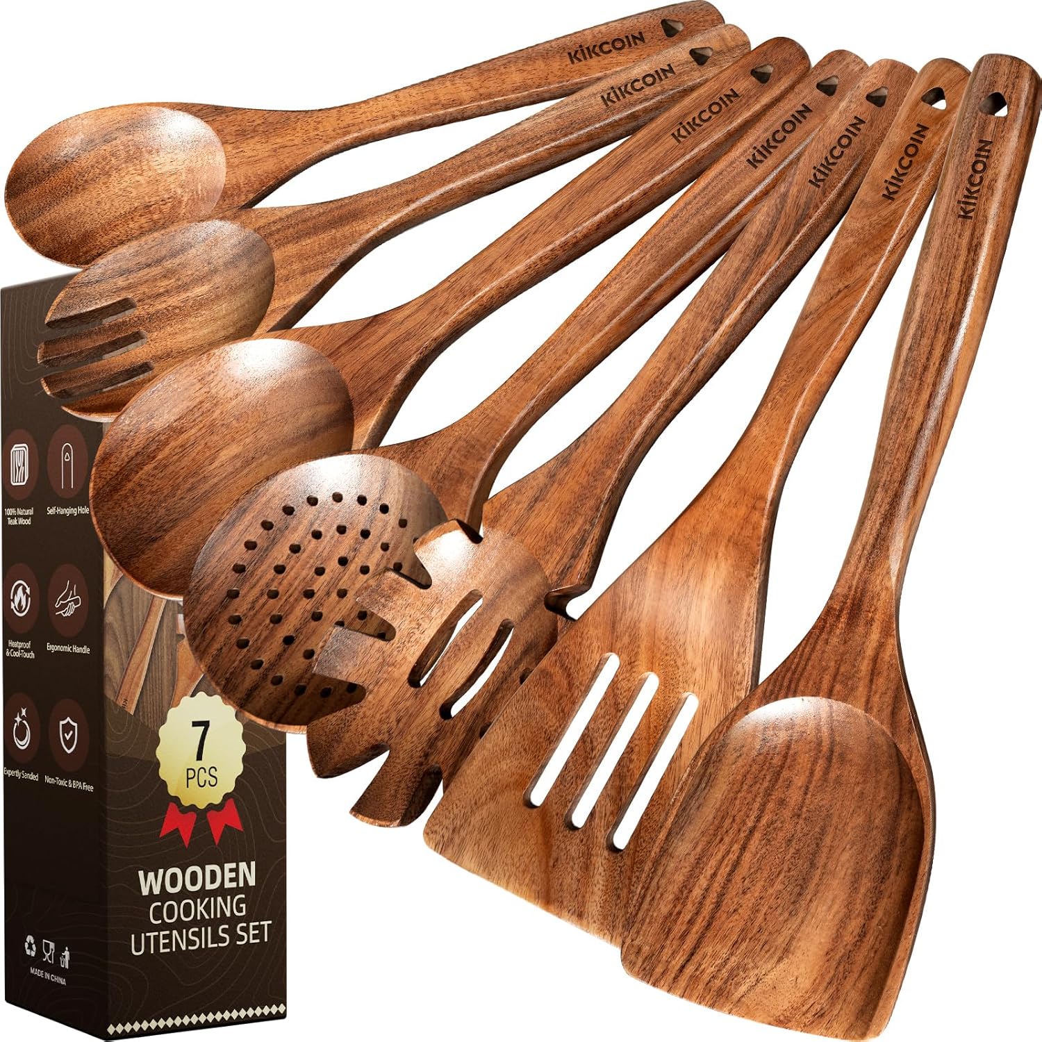 Kikcoin 7 PCS Durable Natural Teak Wooden Cooking Utensils S deal at Amazon