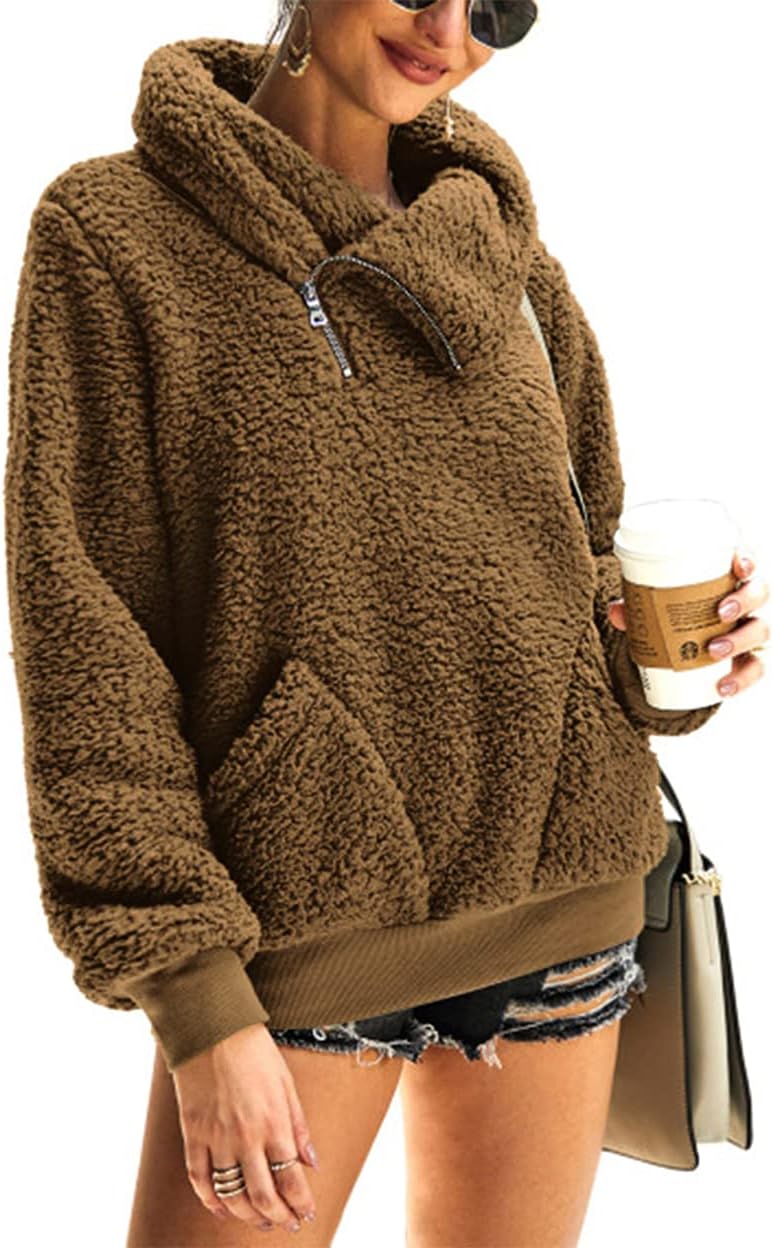 KIRUNDO Winter Clothing for Women Sherpa Pullover Fleece Zip Swea