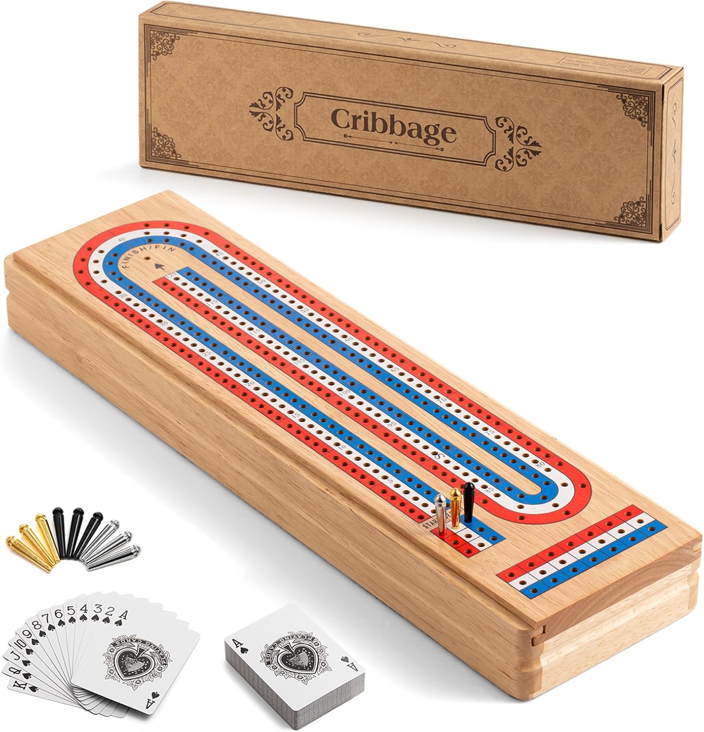 Ceebyfa Cribbage Board Game Set with Large Storage Area, Solid Wo