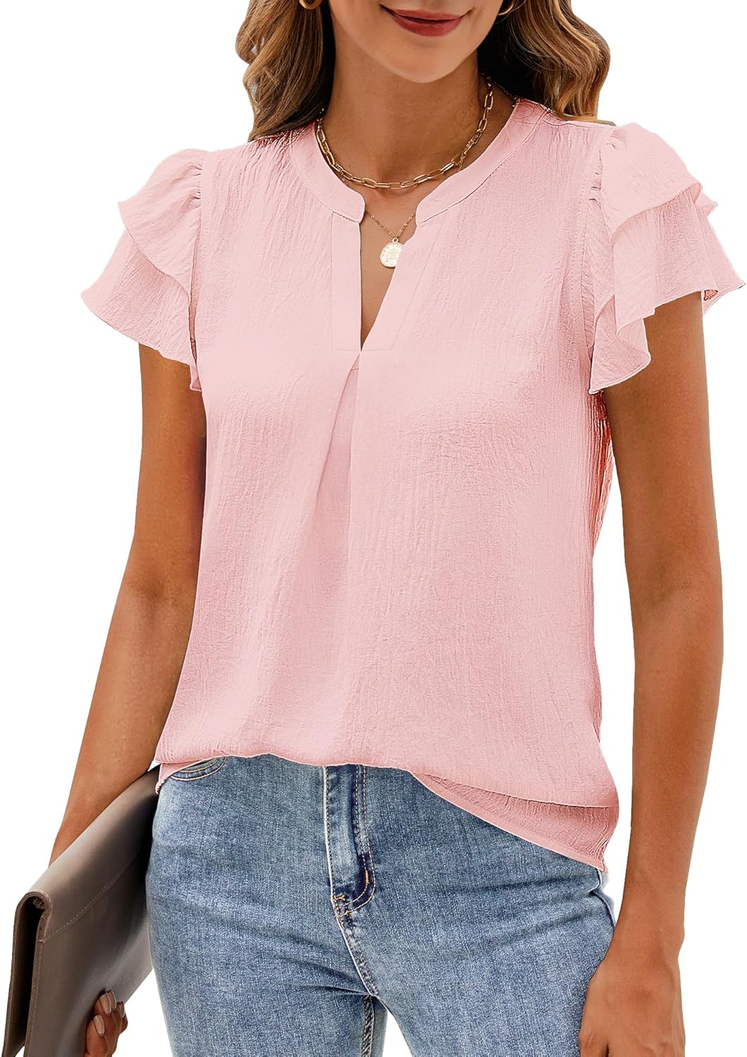 SimplefunBusiness Casual Tops for Women V Neck Short Sleeve Pleat
