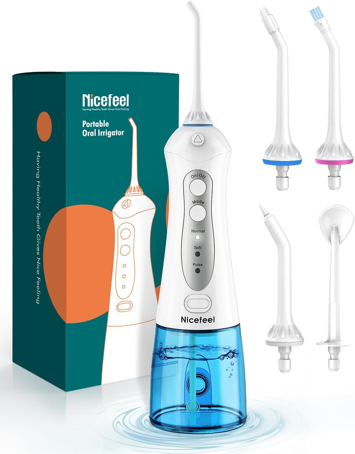 Cordless Water Flosser Teeth Cleaner, Nicefeel 300ML 2 Tip Cases