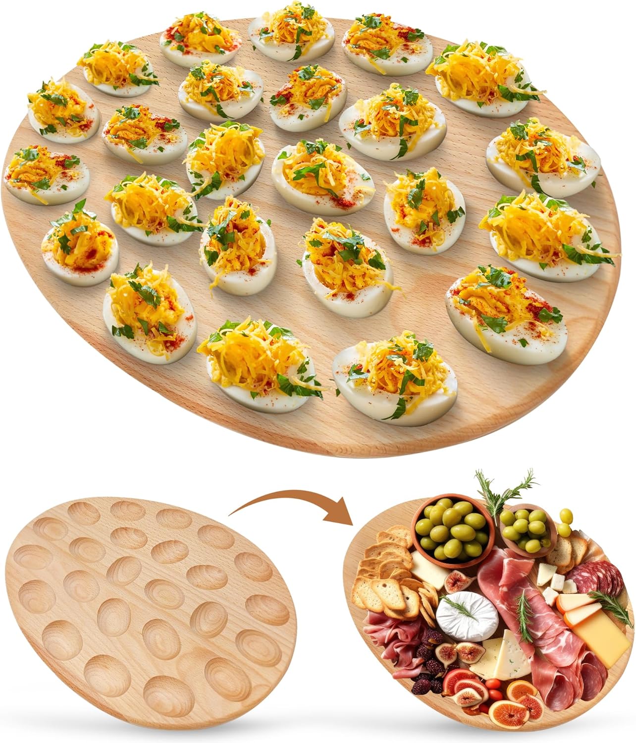 Namre’ Oval Wooden Deviled Egg Platter – 24 Hole Deviled Egg Tray