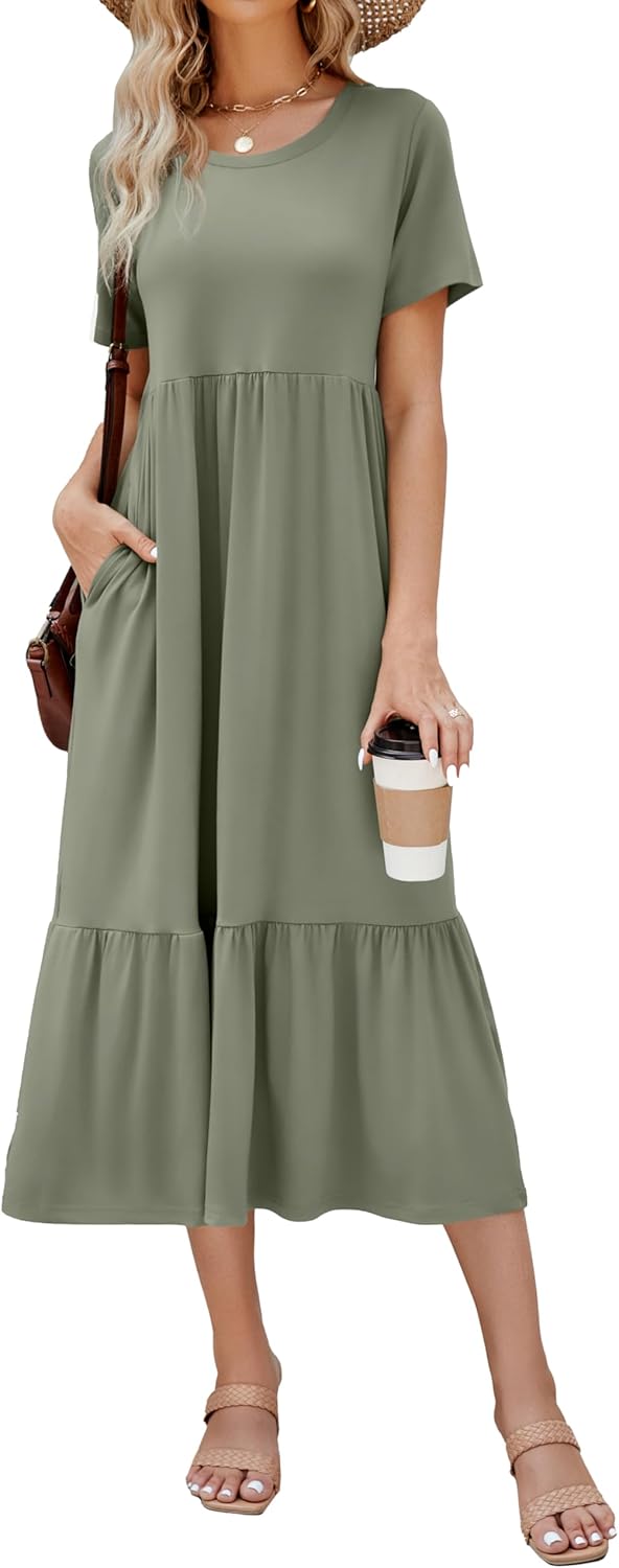 Summer Dresses for Women Flowy Maxi Sundress Short Sleeve Tiered