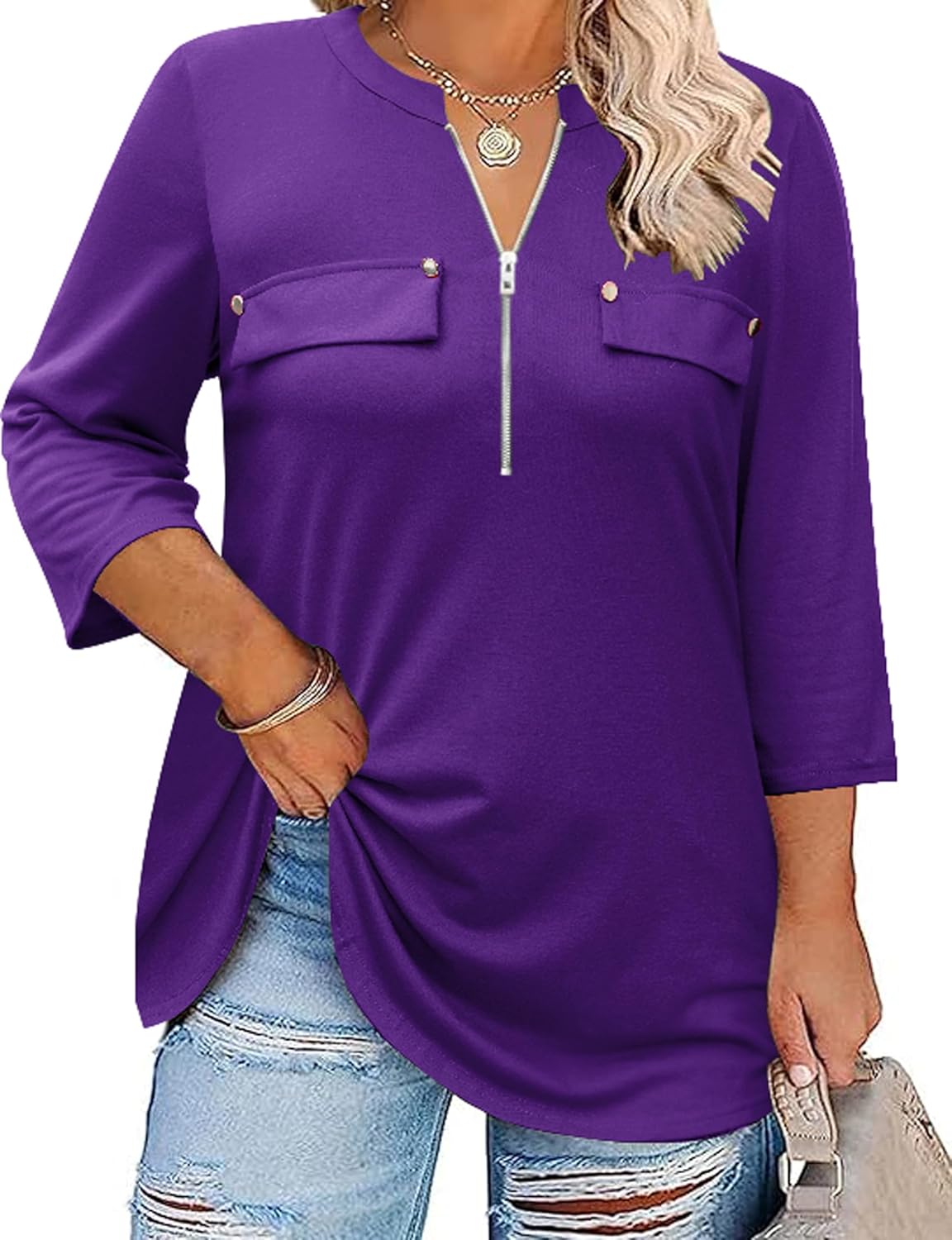 Kancystore Plus Size Spring Tops 3/4 Sleeve Womens Zipper Work Sh
