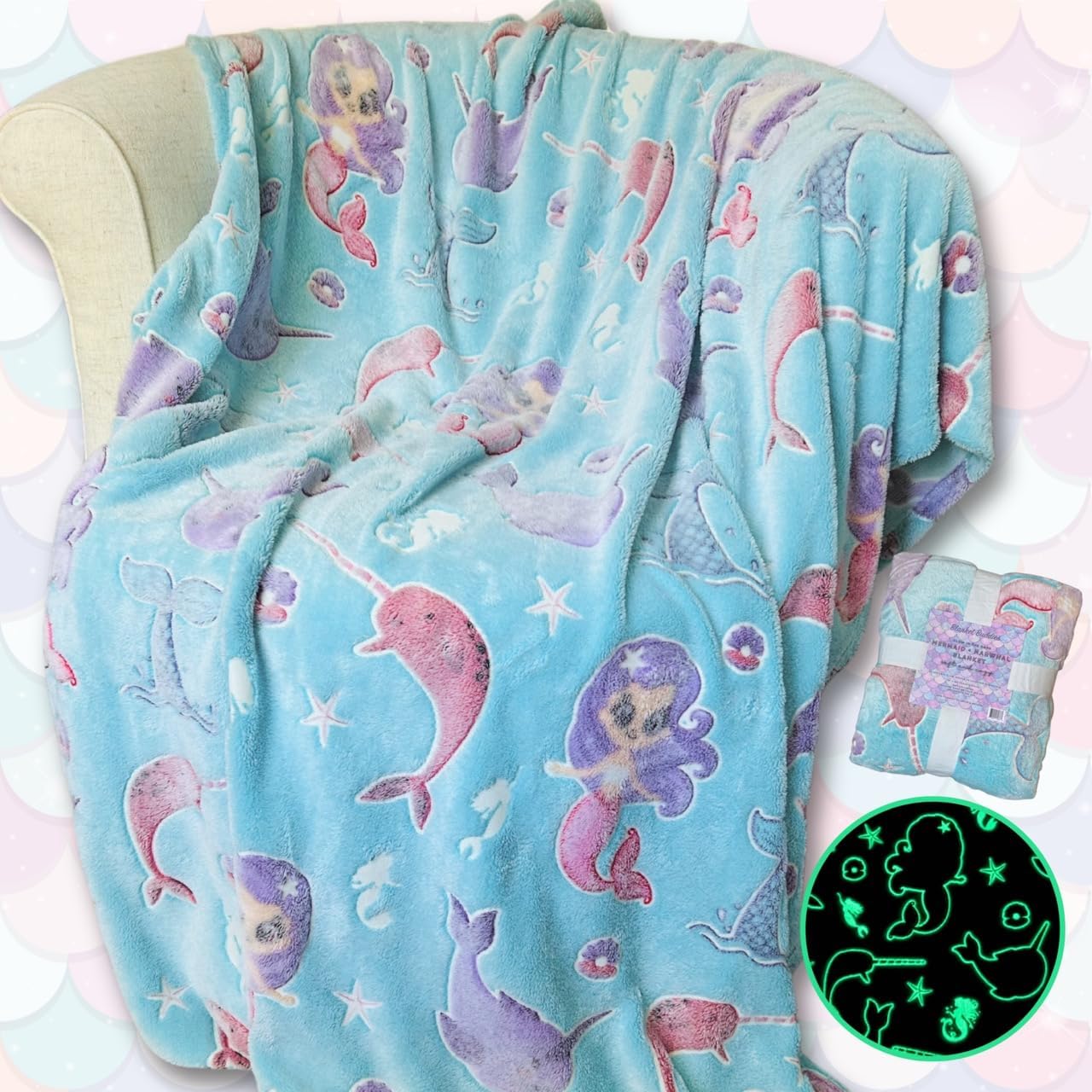 Mermaid Narwhal Throw Blanket Glow in the Dark Cozy Fleece Blanke