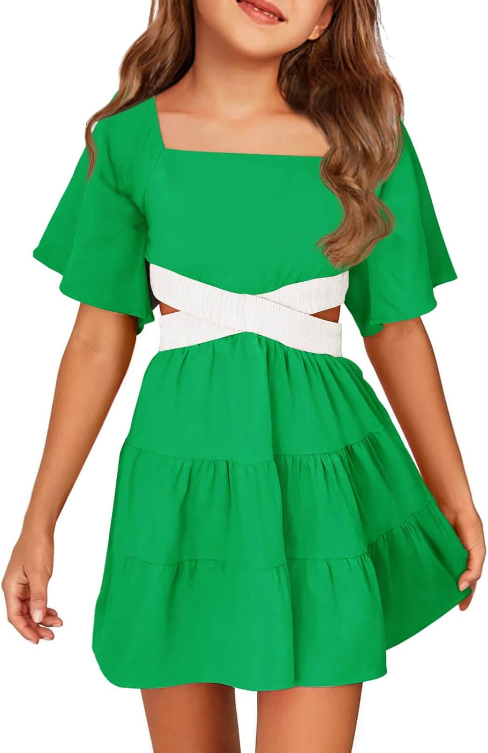 Batermoon Girls Summer Dress Square Neck Short Sleeve Crossover W