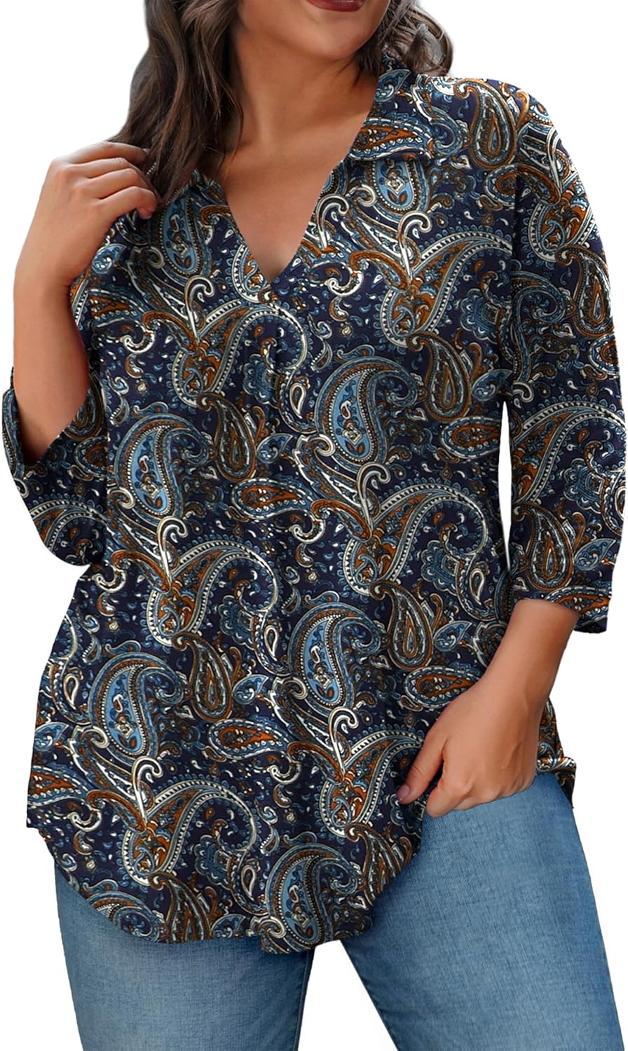 REDHOTYPE Womens Plus Size Tops 3/4 Sleeve Shirts Collared V deal at Amazon
