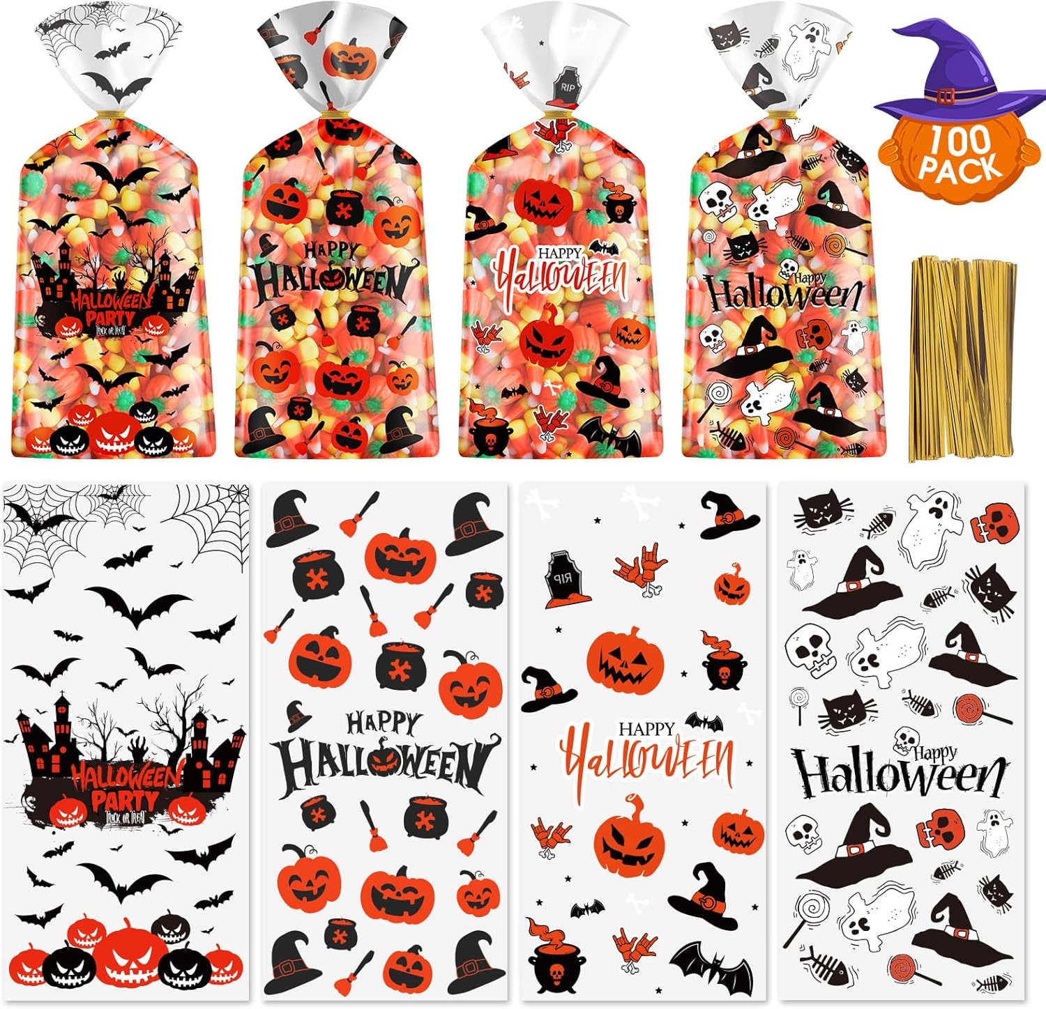100 Pcs Halloween Treat Bags - Happy Halloweens Goodie Bag,  deal at Amazon