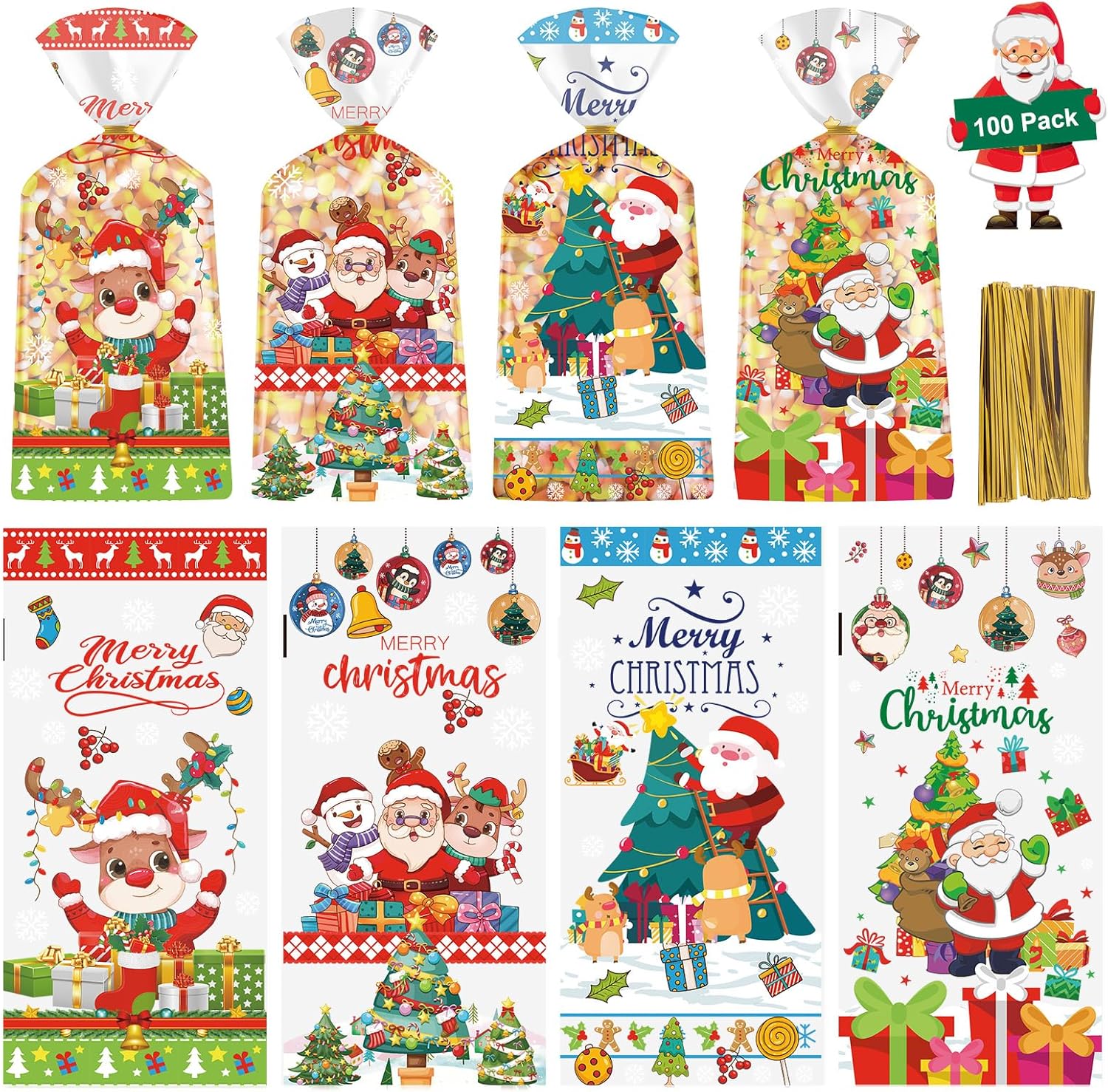 100 Pcs Merry Christmas Treat Bags - Clear Xmas Cellophane G deal at Amazon