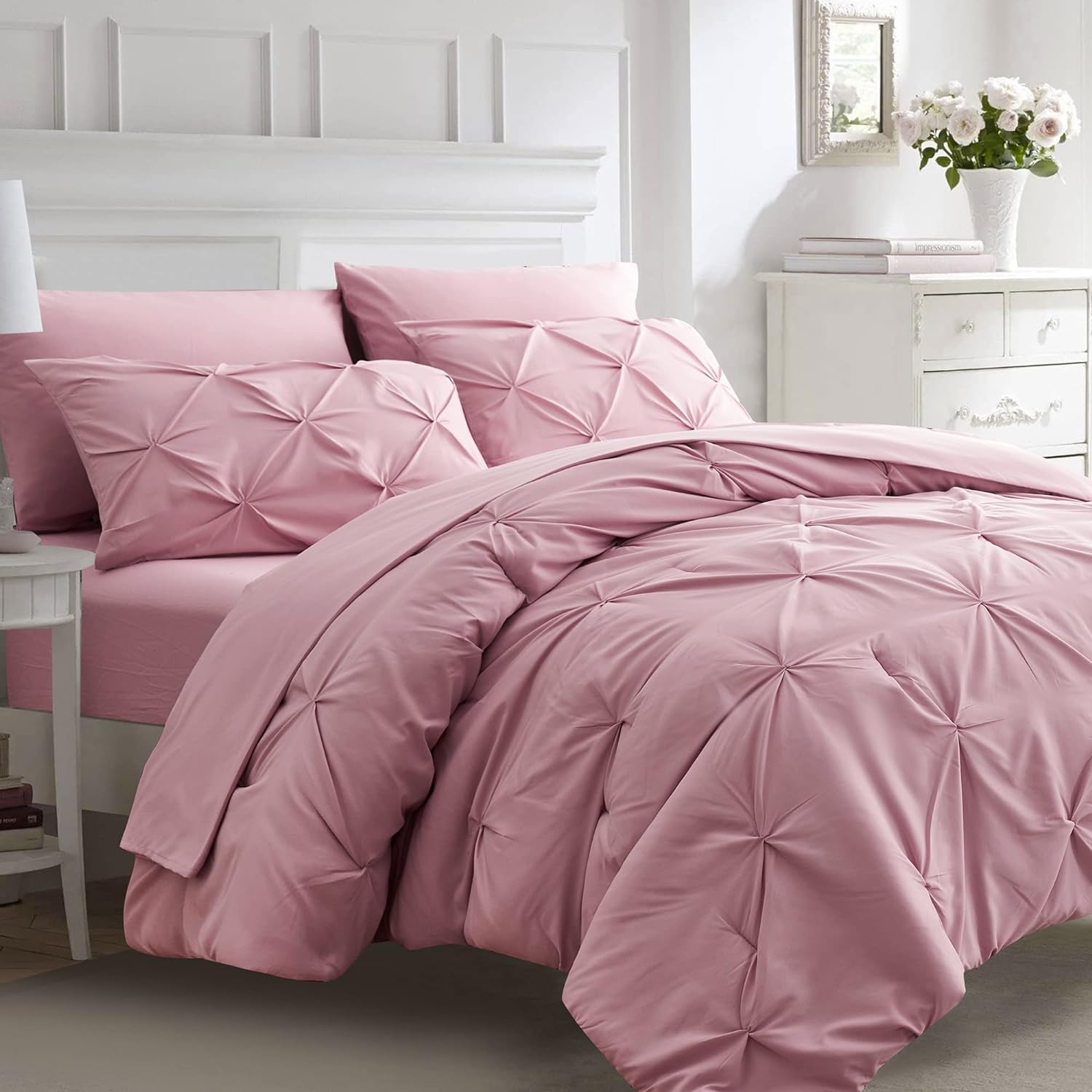 Ubauba 7pc Pink Queen Comforter Set, Pintuck Bed in a Bag Bl deal at Amazon