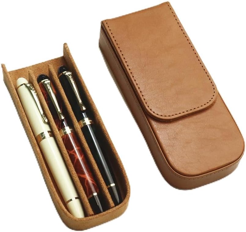 MIVLXLX Leather Triple Pen Case Pencil Pouch Holder for Three Fou