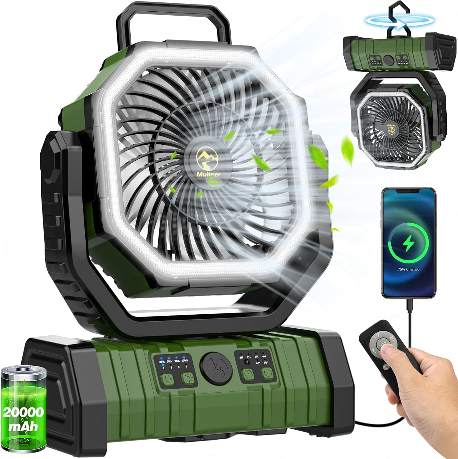 20000mAh Rechargeable Camping Fan, Auto-Oscillating Portable Fan