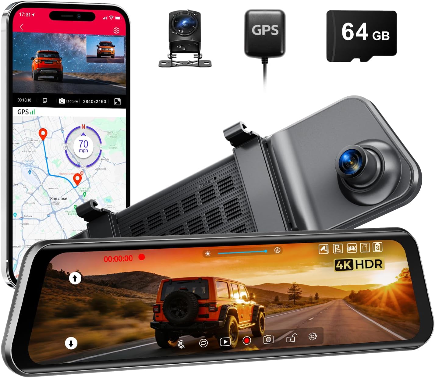 LINGDU 12″ Mirror Dash Cam, 4K UHD Front and 2.5K Rear View Dash