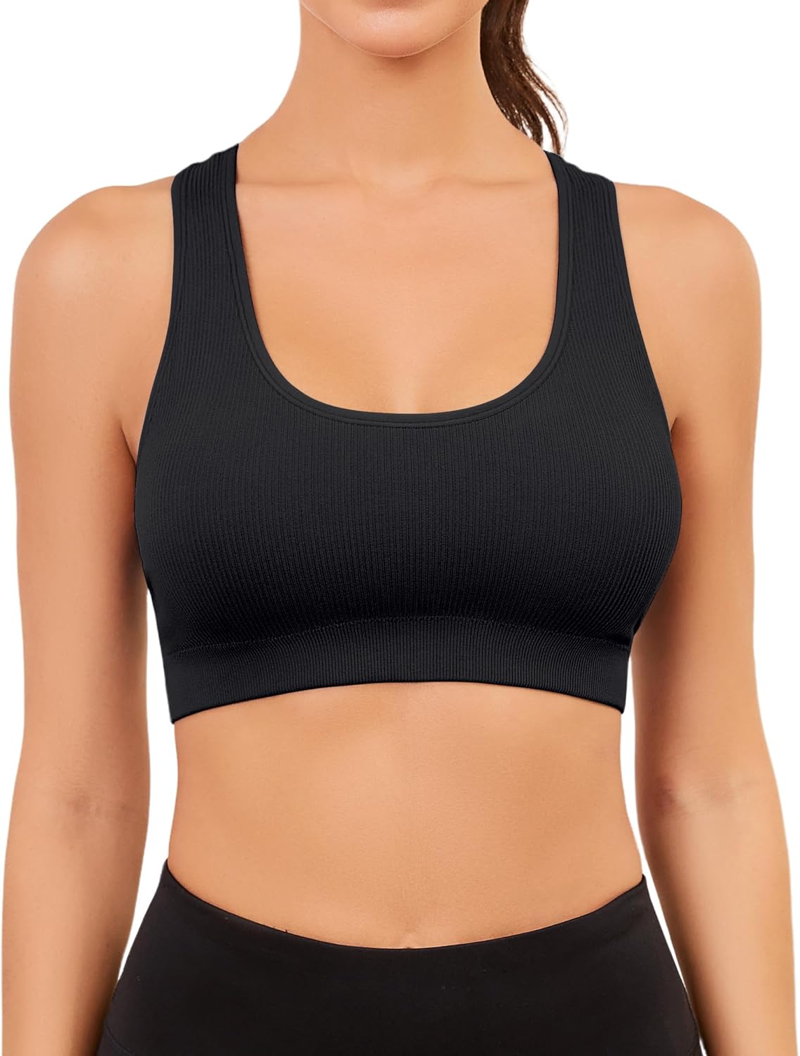 AegisChic Black Racerback Sports Bra for Women Seamless Ribbed Yo