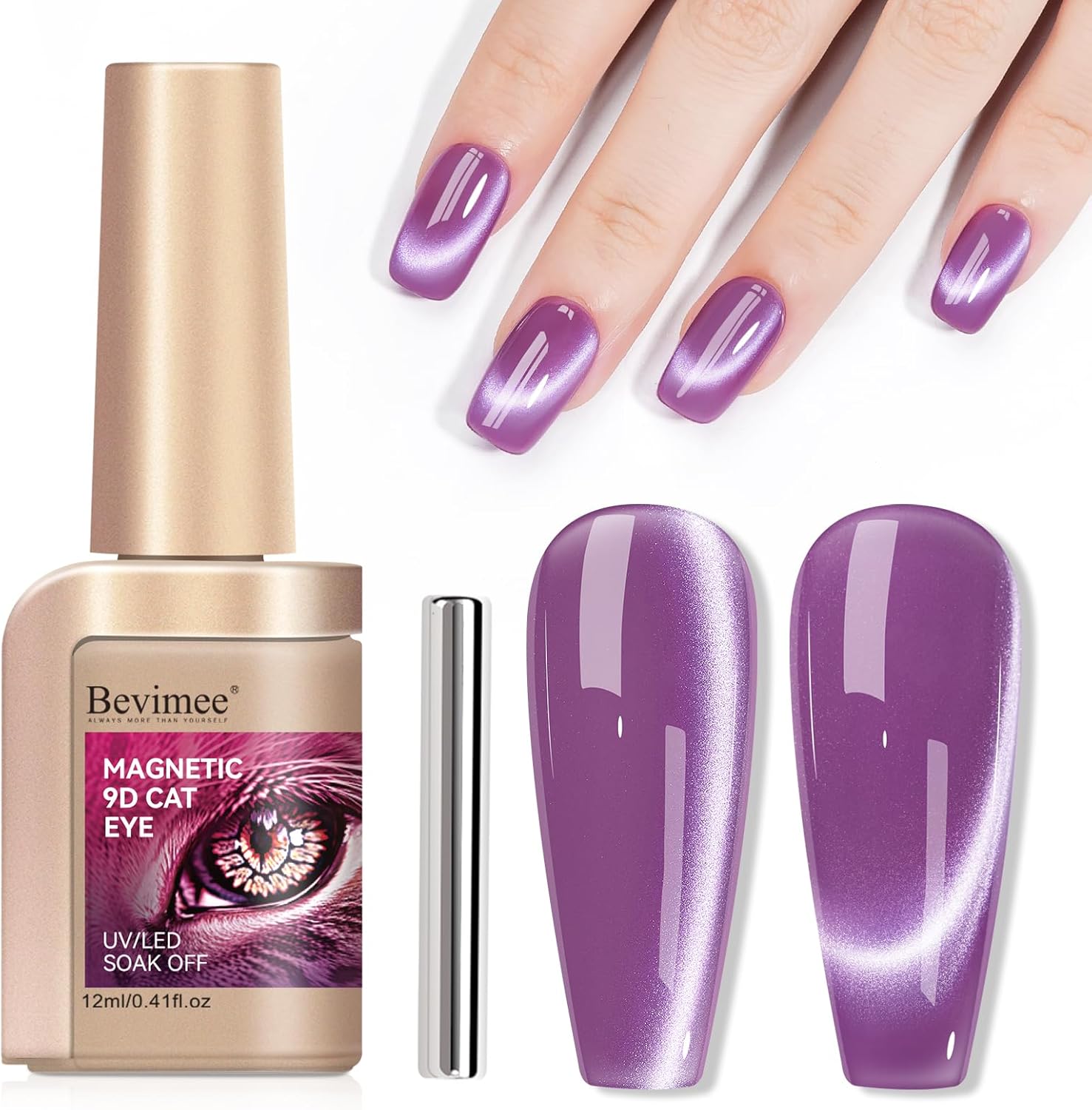 Bevimee Purple Cat Eye Gel Nail Polish, Magnetic Nail Polish Mirr