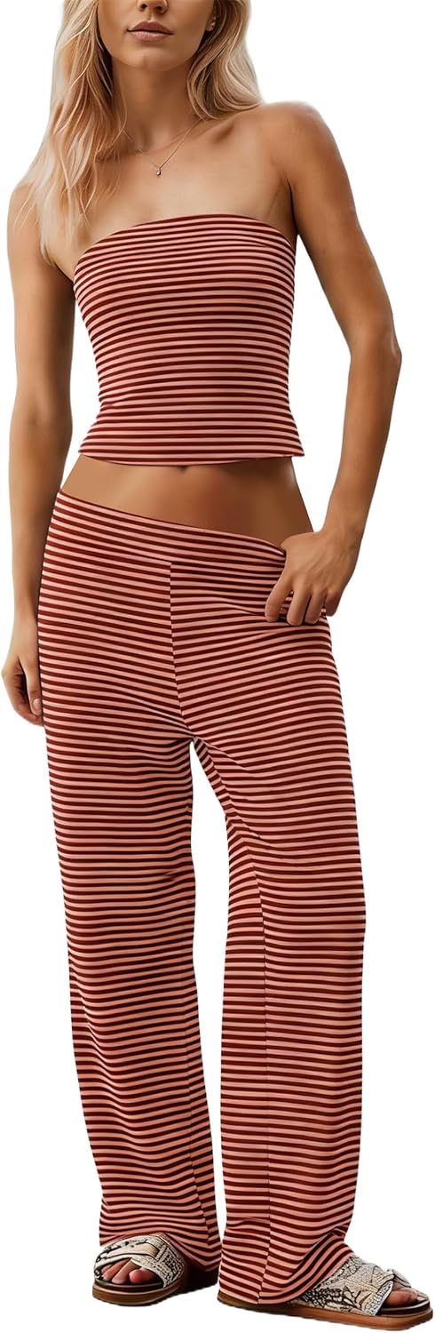 MSBESYOR Women Sailor Tube Top Set 2 Piece Outfits Striped Strapl