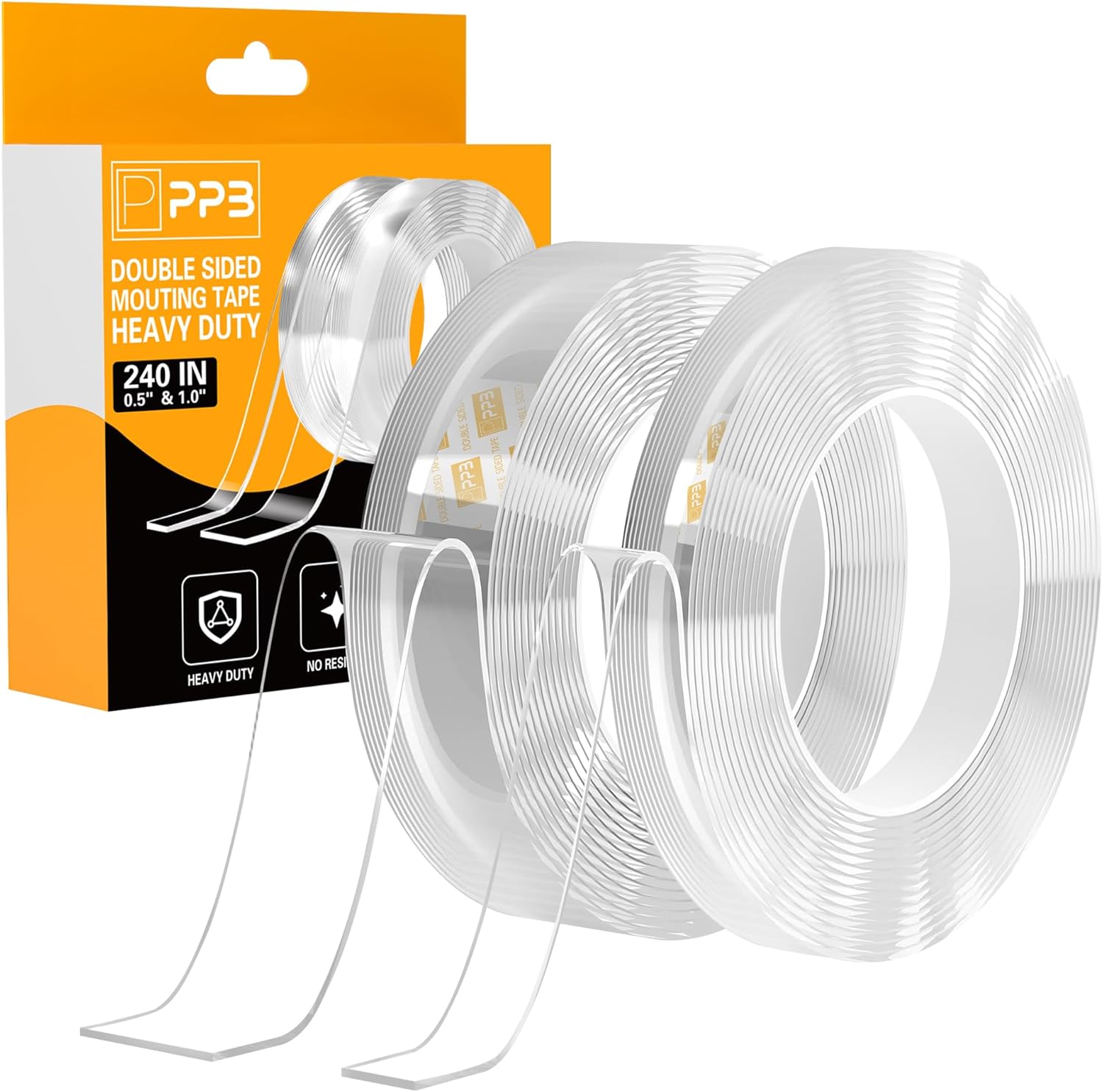 2 Rolls Double Sided Tape Heavy Duty – 240″ x 1.0″ & 0.5″ – Remov