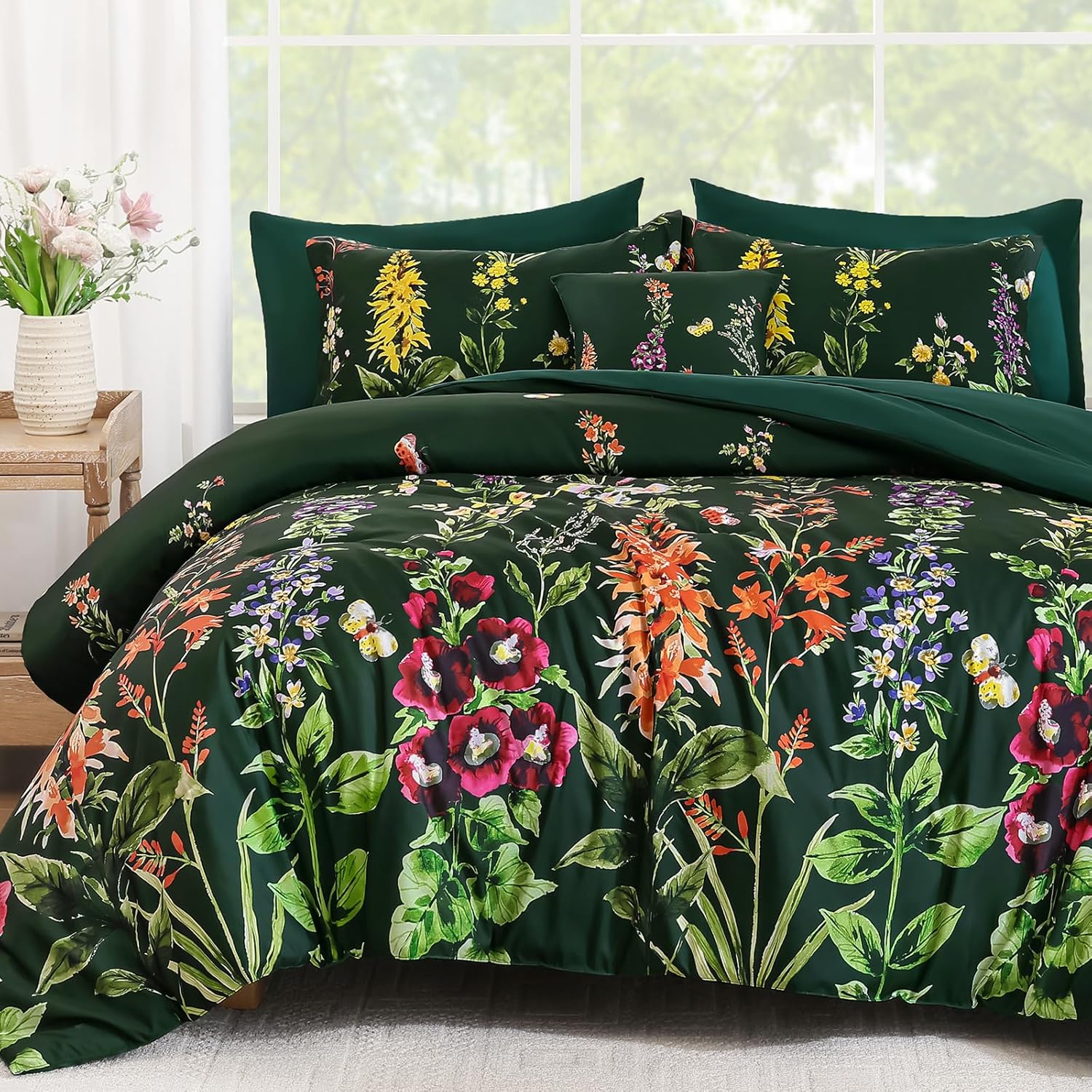 WONGS BEDDING Floral Comforter Set King Size 8 Piece Colorful Flo