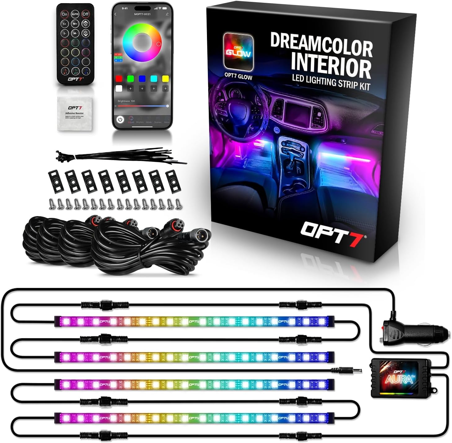 OPT7 Aura DreamColor RGB-IC LED Car Interior Light Strips, 4PC Ne