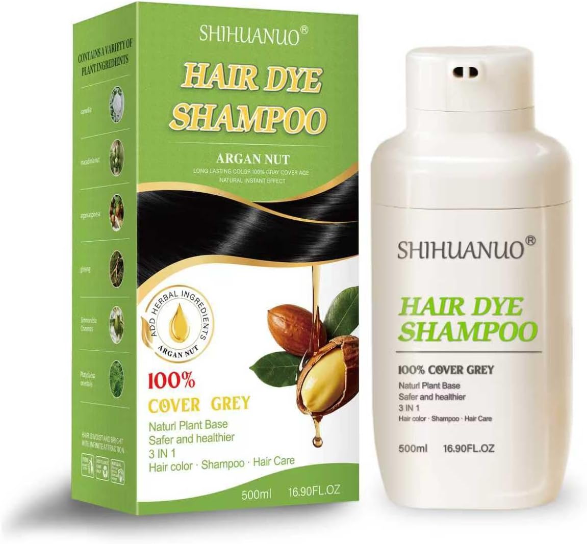 SHIHUANUO Hair Dye Shampoo 3 in 1 for Gray Hair Coverage,Argan nu