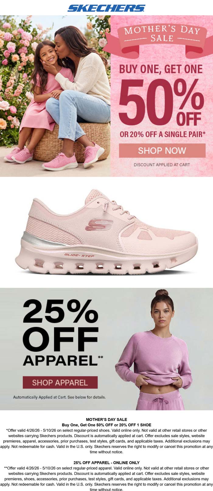 25% off apparel & second pair 50% off deal at Skechers
