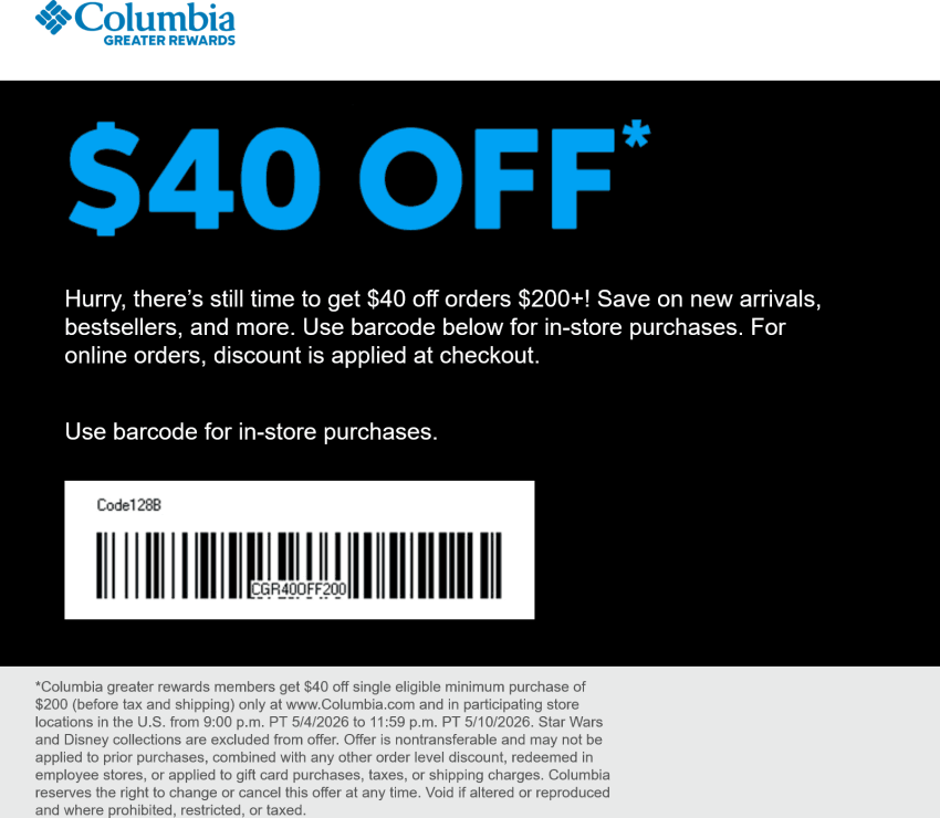 $40 off $200 at Columbia