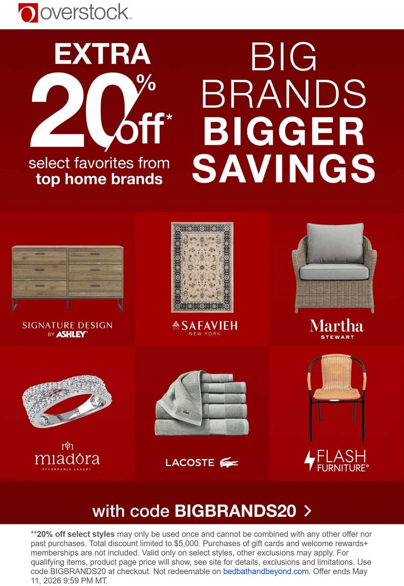 Extra 20% off at Overstock via promo code BIGBRANDS20